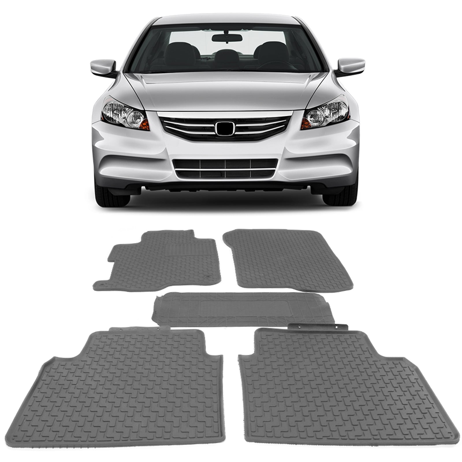 Ikon Motorsports Floor Mats Compatible With 2008-2012 Honda Accord Sedan 4-Door， Gray Latex All Weather Car Auto Front Rear Carpets Liner 5PC Set Protector