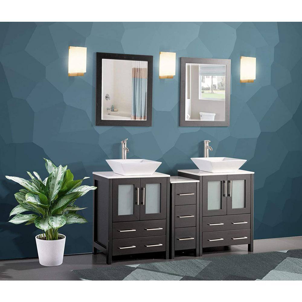 Vanity Art Ravenna 60 in. W Bathroom Vanity in Espresso with Double Basin in White Engineered Marble Top and Mirror VA3124-60E