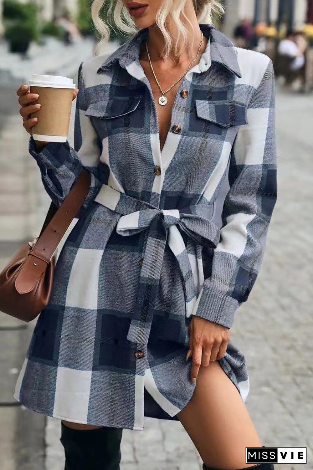 Autumn And Winter Coat Lapel Single-breasted Belt Coat Mid-length Plaid Loose Commuter Women's Woolen Coat