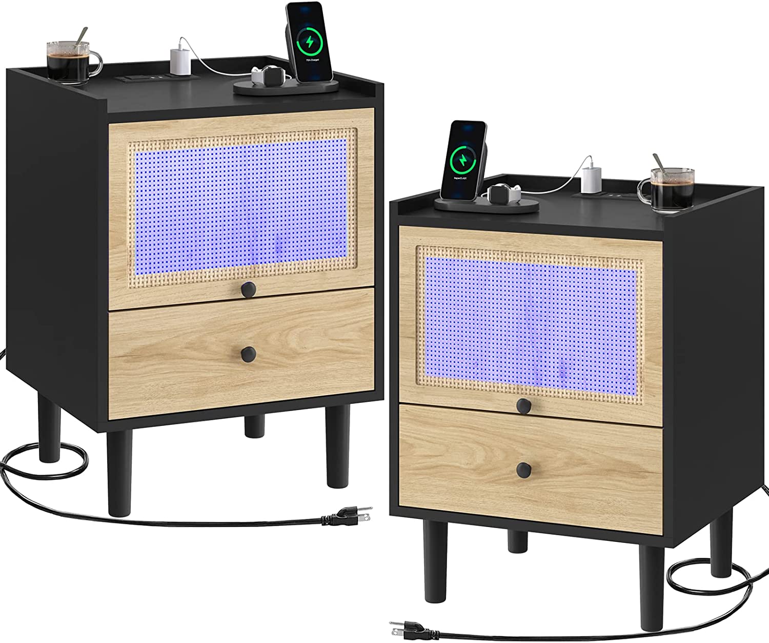 VIAGDO Nightstands Set of 2, Rattan Nightstands with Charging Station and LED Lights, Bed Side Tables with Hand Made Rattan Decor Cabinet, 2 Pack