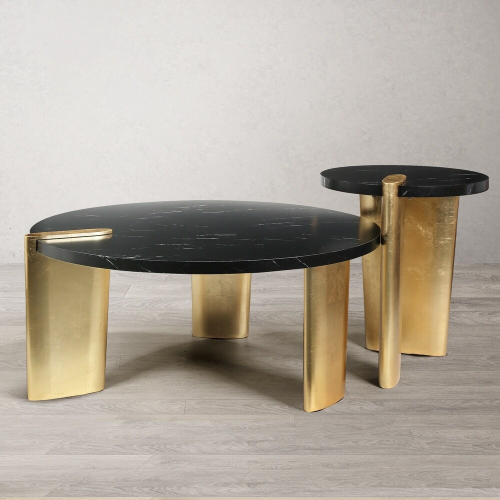 Modern Black Round Coffee Table Set Cocktail Table with Marble Table Top   37''D x 17\