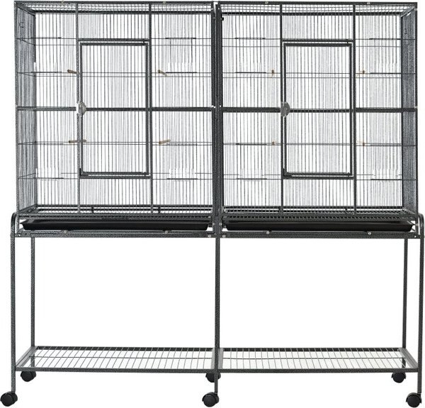 PawHut 65-in Double Rolling Metal Bird Cage， Black and Gray