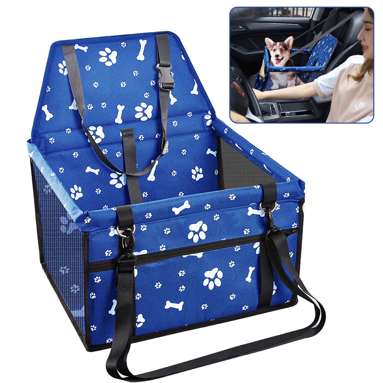 Pet Safety Seat，Small Dog Car Seat，Portable Pet Dog Car Seat Carrier，Foldable Pet Car Seat Belt Pocket Bed，Fixed Pet Box in The Car for Travel