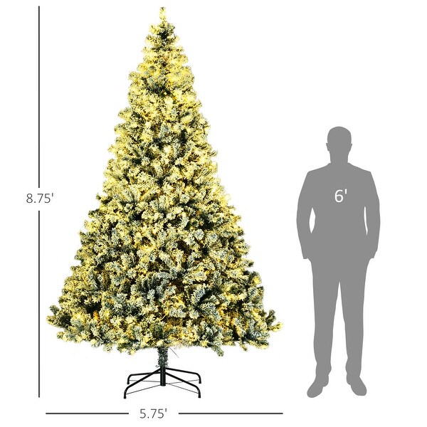 HOMCOM 9ft Tall Prelit Artificial Christmas Tree Holiday Décor with 1939 Snow Flocked Branches，9Steel Base