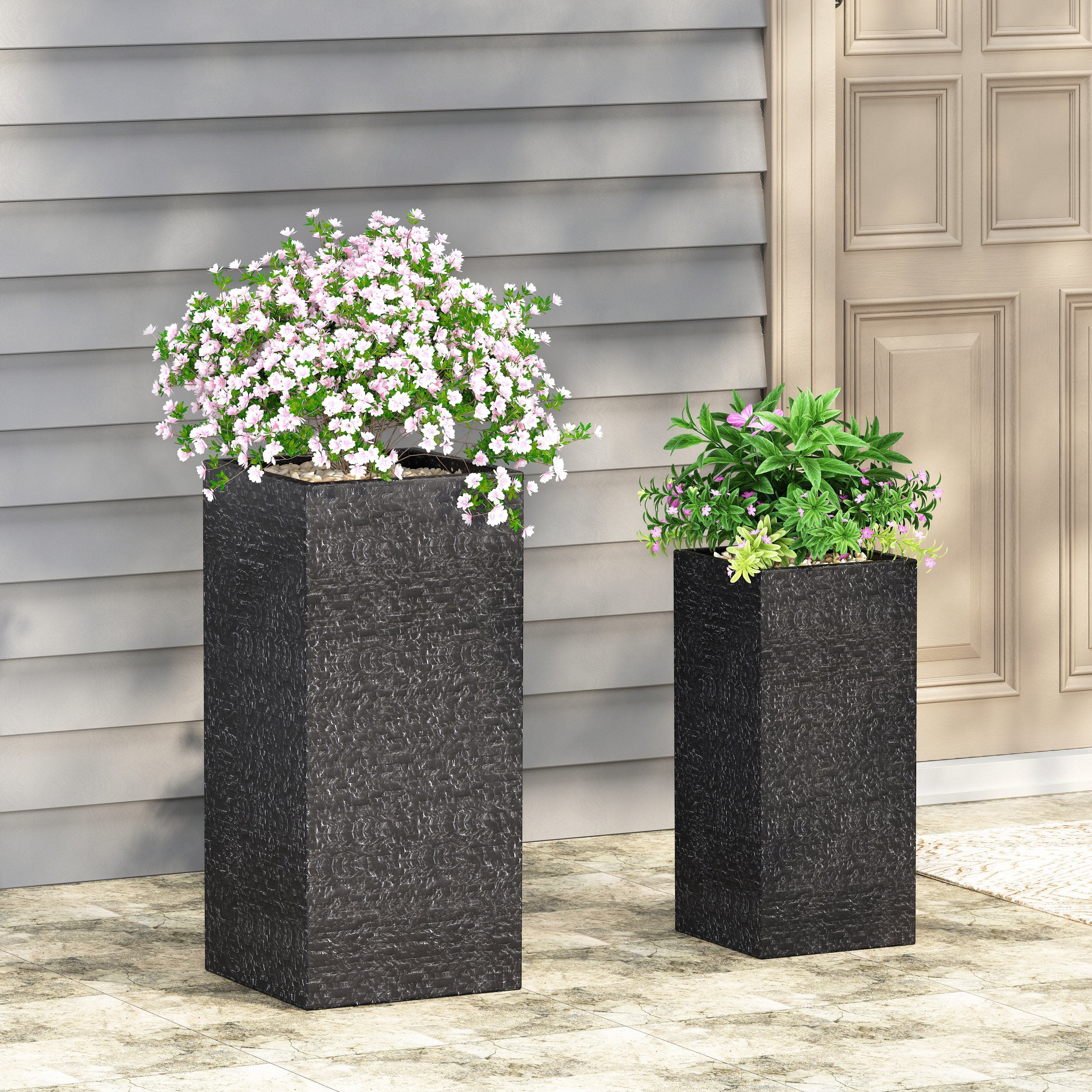 Leiman Outdoor Medium and Small Cast Stone Planters, Set of 2, Gray