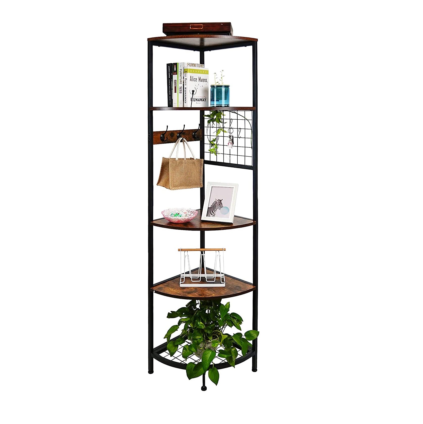 6 FT Tall 5-Tier Corner Shelf  Industrial Free Standing Corner Bookshelf Corner Display Storage Rack with Hanging Hooks Metal Frame Plant Stand Rack Antique Brown