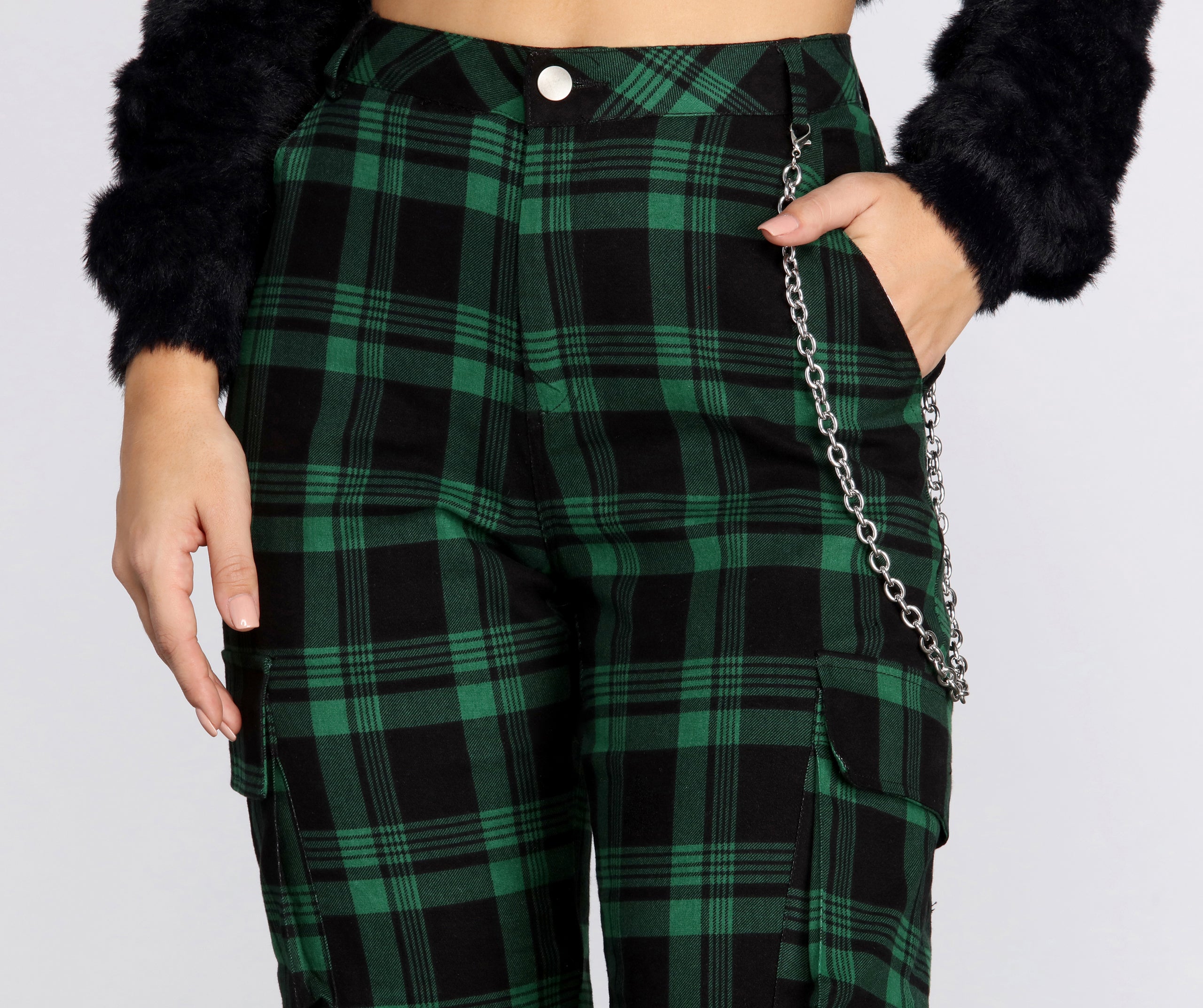 Plaid Chain Link Cargo Pants