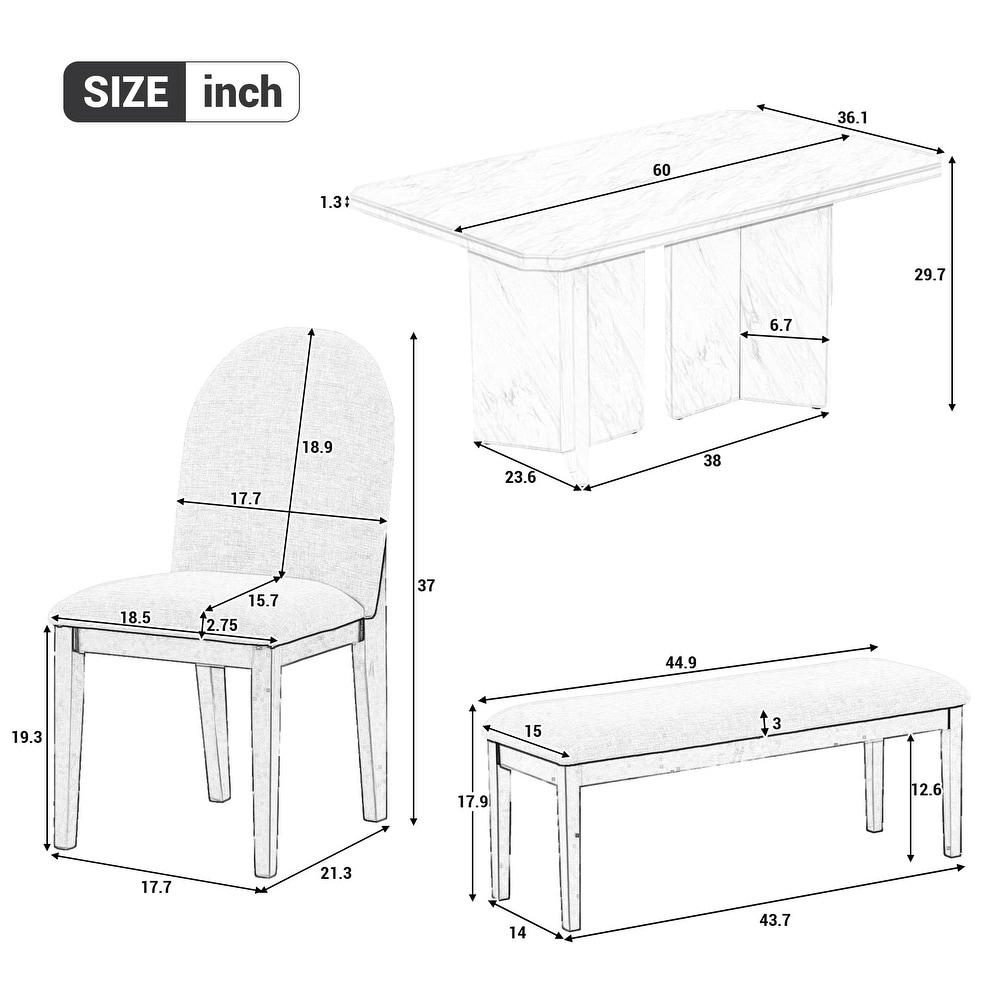 Rectangular Marble Texture Table and 4 Upholstered Dining Chairs1 Bench for Dining Room  6 Piece Modern Dining Table Set