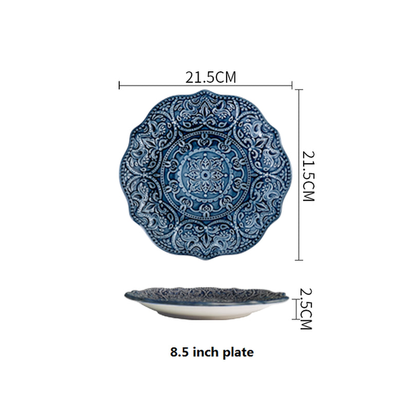 Nordic Blue Vintage Tableware Set Ceramic Rice Salad round Dish Dinner Plate Bowl Dinnerware Set Microwave Safe W4827