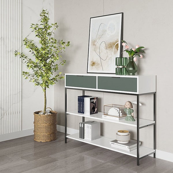 White and Light Green Wood Console Table Steel Frame with Shelves and Drawers