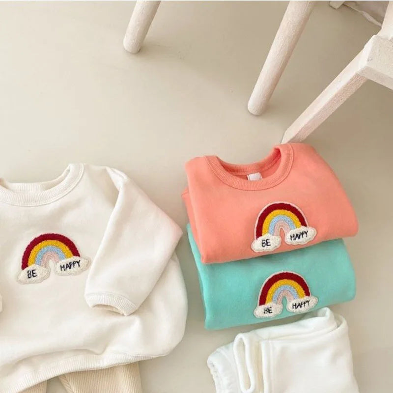 MILANCEL 2pcs Autumn New Children Baby Hoodie Set Toddler Rainbow Fleece Padded Tops + Pants Infant Outwear Clothing