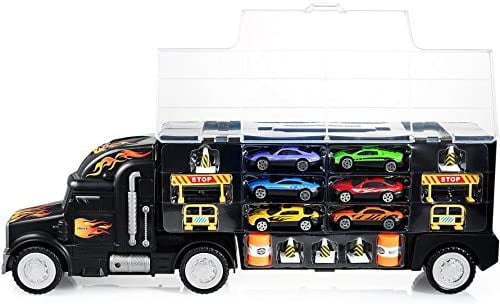 Toy Truck Transport Car Carrier - Toy Truck Includes 6 Toy Cars and Accessories - Toy Trucks Fits 28 Toy Car Slots - Great Car Toys Gift For Boys and Girls - Original By Play22USA