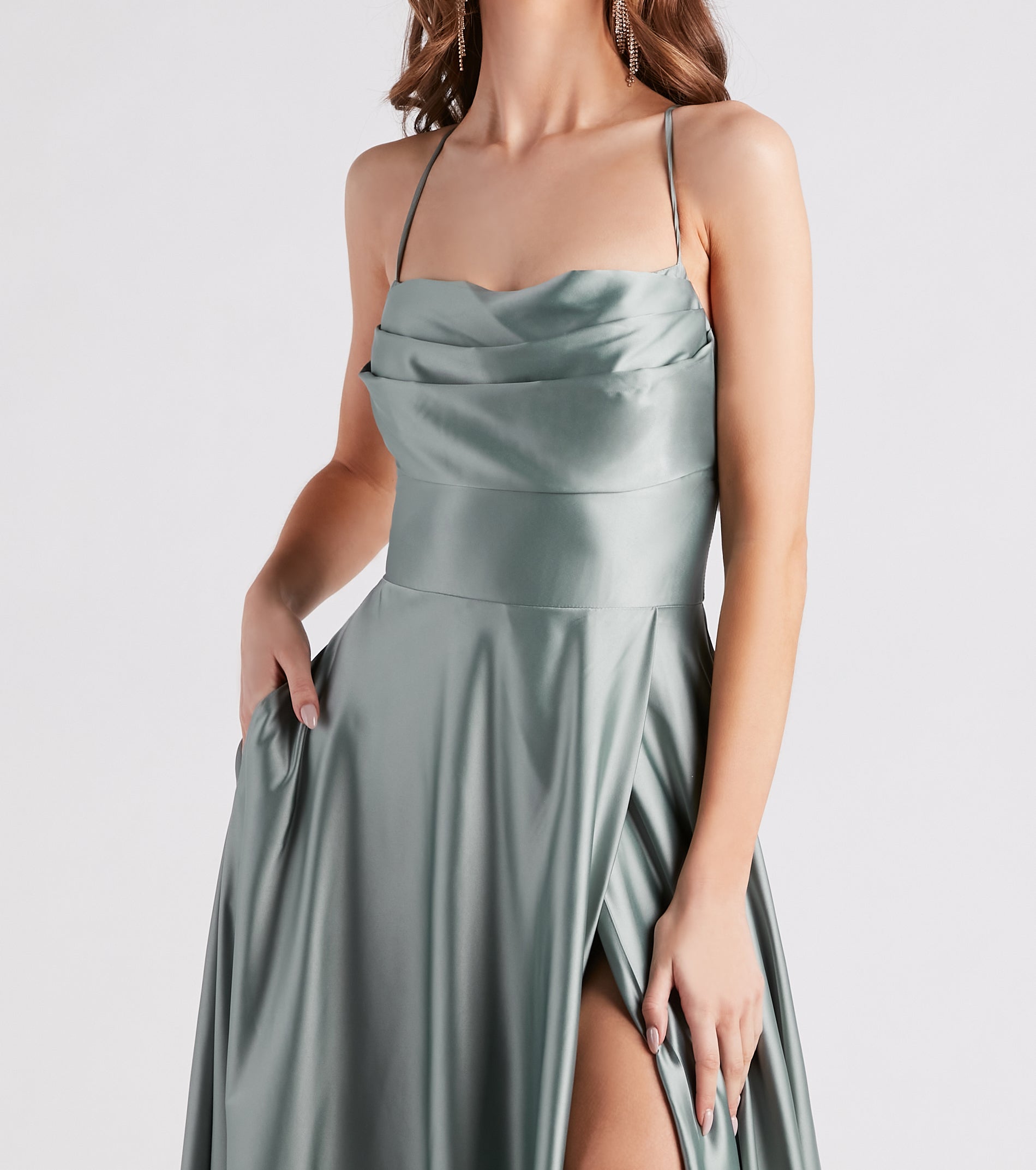 Elaina Formal Satin Cowl A-Line Dress