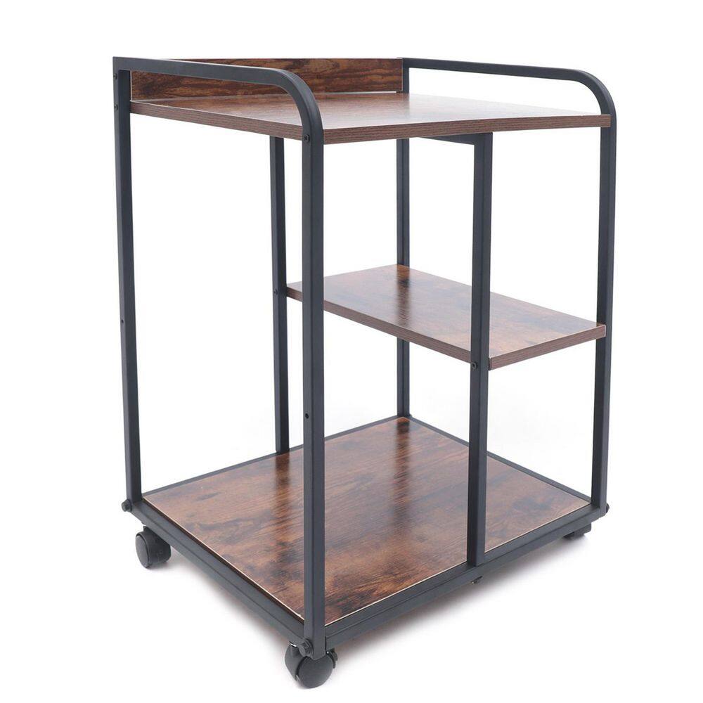 YIYIBYUS 3-Shelf Iron Frame Wood 4-Wheeled Under Desk Printer Stand Cart in Walnut Color HG-ZT509-071