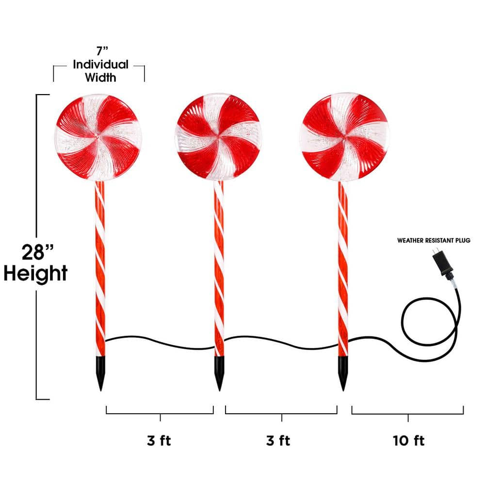 Alpine Corporation 28 in. Tall Candy Cane Pathway with Red and White LED Lights, Set of 3 COR114T-3