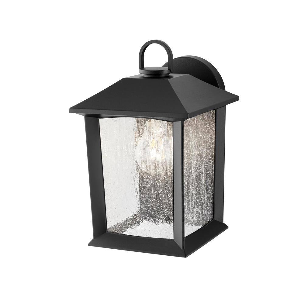 Hampton Bay ASHTON 1-Light Black Outdoor Wall Mount Lantern Sconce with Seeded Glass 5284002012