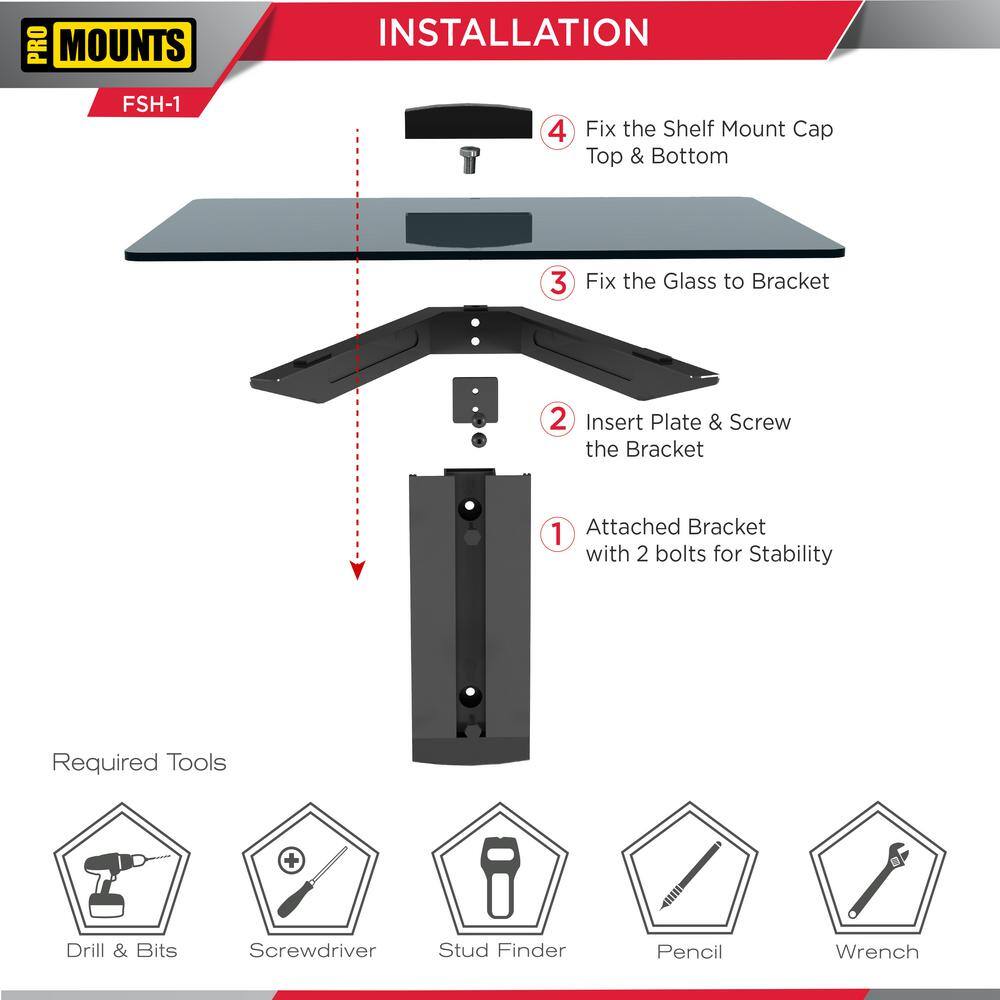 ProMounts Heavy-Duty Single AV Wall Shelf for cable box or game consoles. Fully assembled. Easy install. Supports up to 18 lbs. FSH1