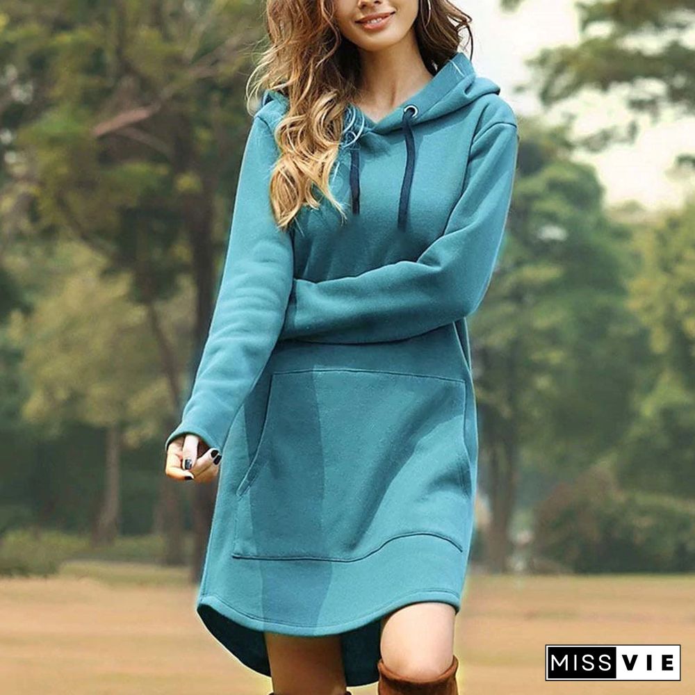 Casual Solid Color Hooded Pocket Sweater Dress