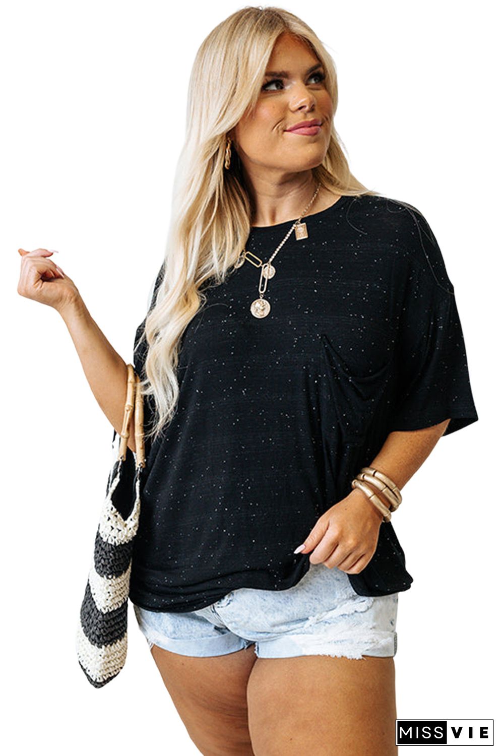 Black Splatter Allover Plus Size Pocketed T-shirt