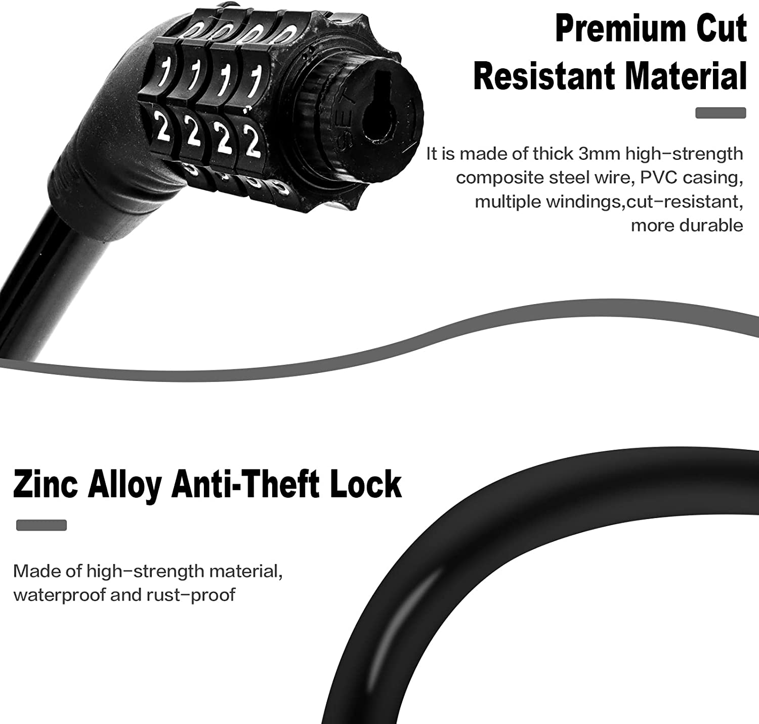 EMLIMNY Bike Lock Cable， Bike Cable Locks Heavy Duty Anti Theft， 2 Pcs Security 4 Digit Resettable Combination Portable Bike Cable Lock， Black