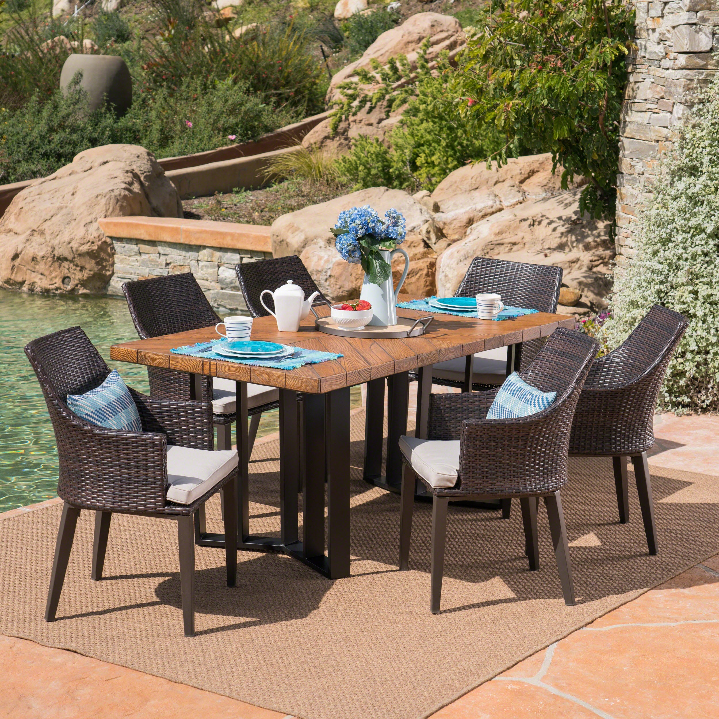 Valby Outdoor 7 Piece Wicker Dining Set with Concrete Dining Table