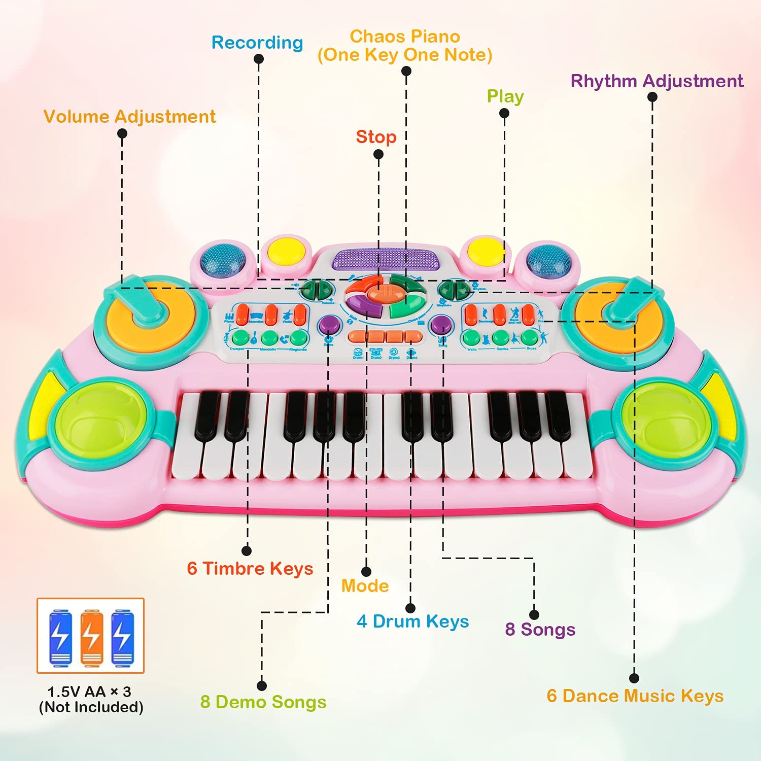 Zmoon Toddler Toys Piano Keyboard for Kids ， 24 Keys Light up Piano for Kids Baby Toy Musical Instrument