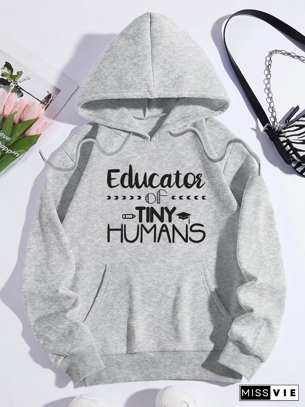 Printed on front Kangaroo Pocket Hoodie Long Sleeve for Women Pattern Educator of humans