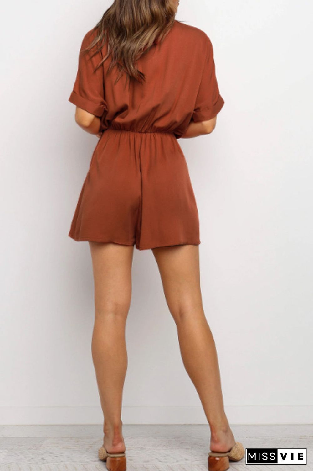 Solid Color Tie Up Pocket Romper