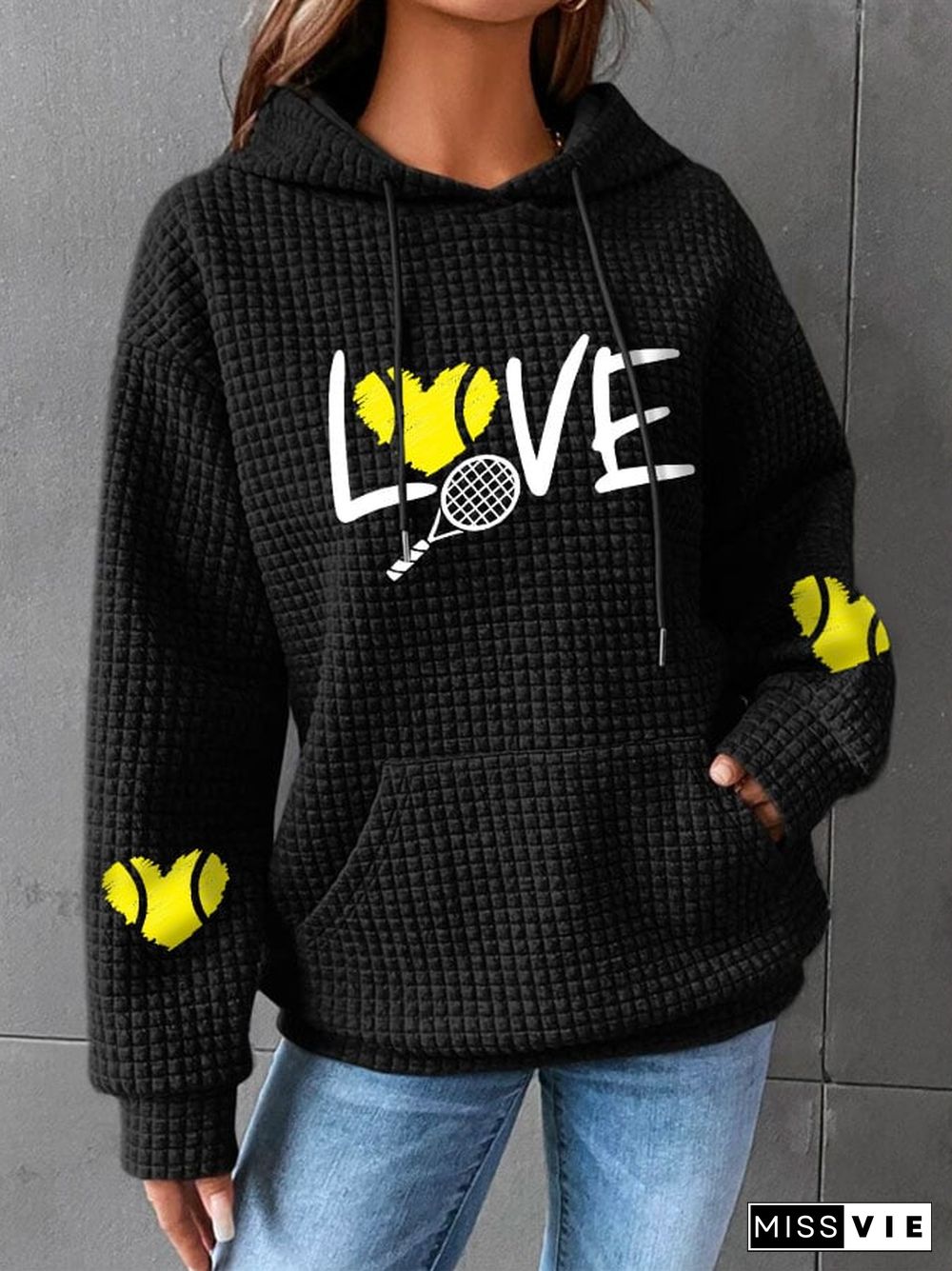 Women's love tennis printed waffle hooded sweatshirt