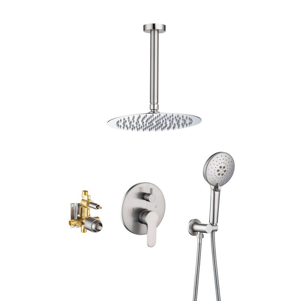 Mondawe Mondawell Round 3-Spray Patterns 10 in. Ceiling Mount Rain Dual Shower Heads with Handheld and Valve in Brushed Nickel MA-D96205BN