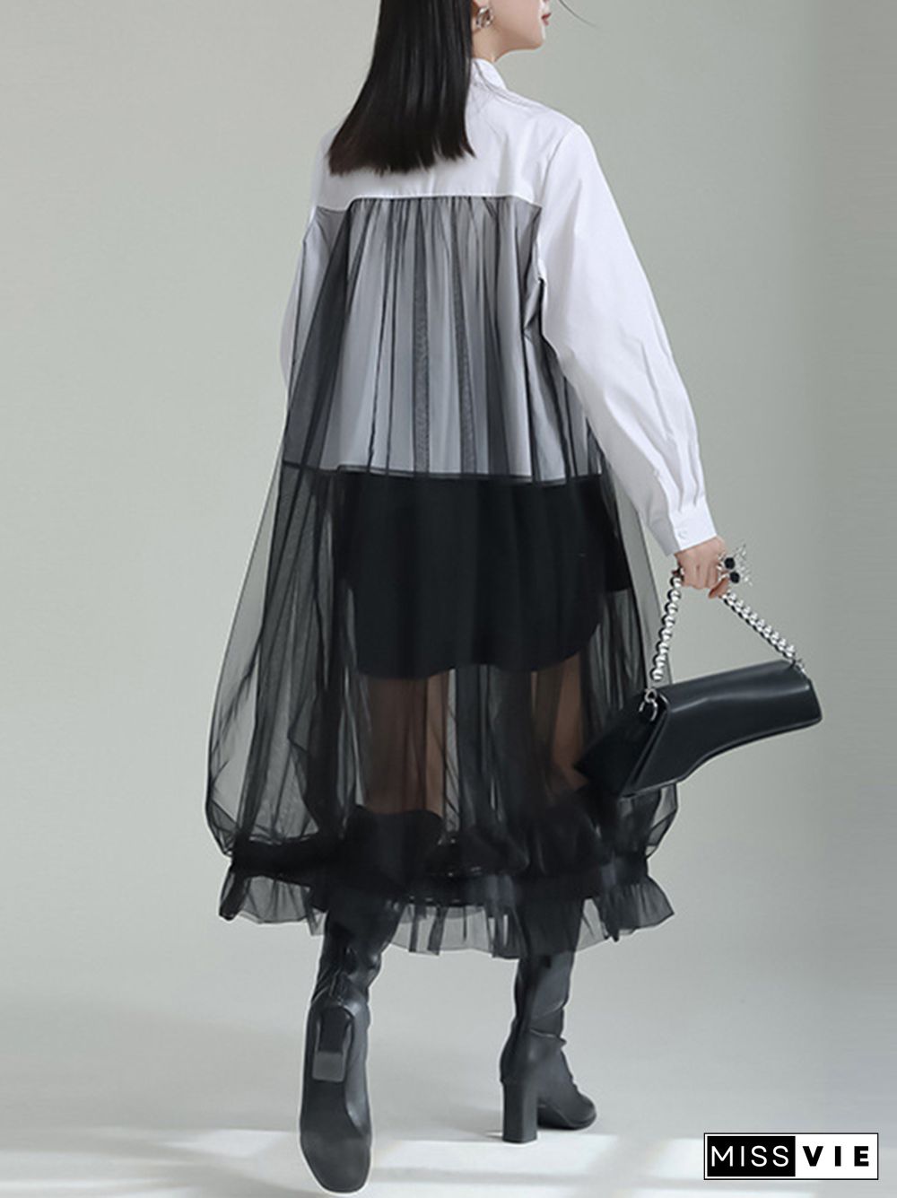 Long Sleeves Gauze See-Through Split-Joint Lapel Midi Dresses Shirt Dress