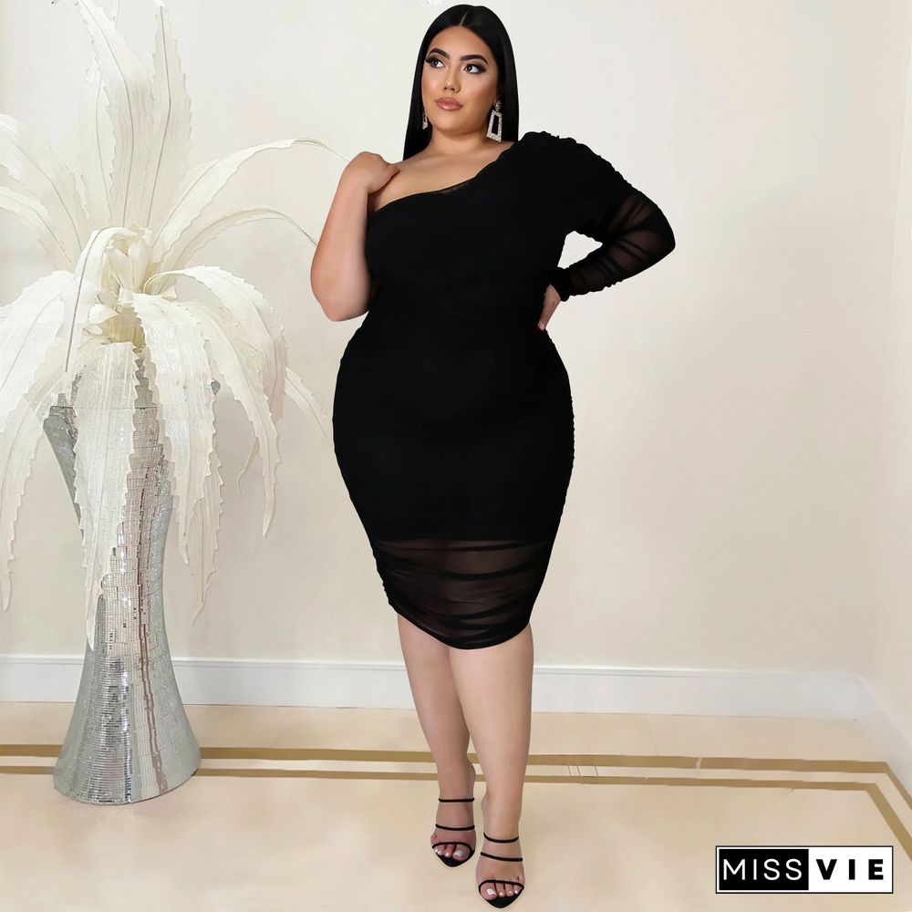 Plus Size Mesh Solid Single Sleeve Bodycon Dress