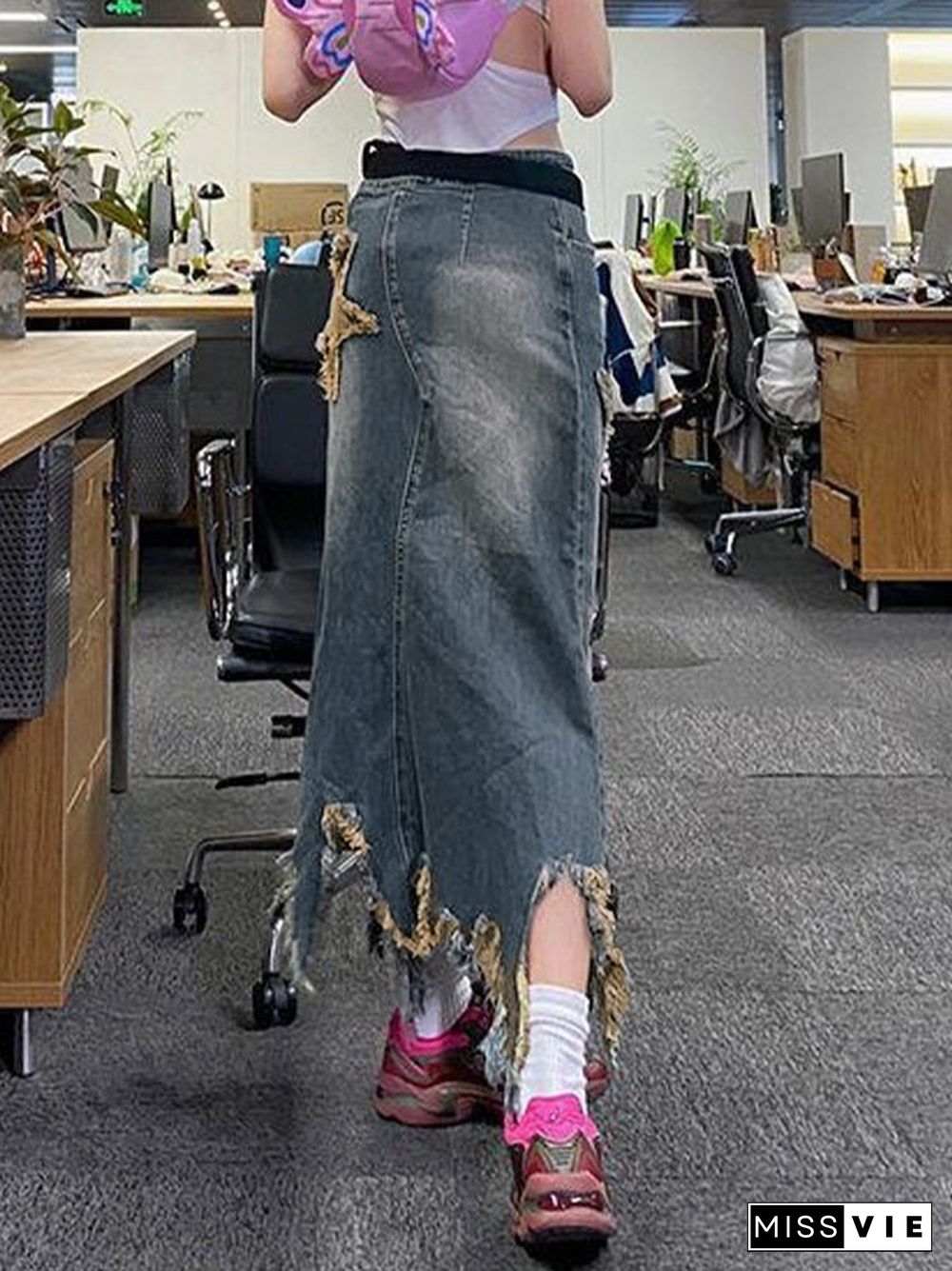 Star Patch Distressed Denim Maxi Skirt