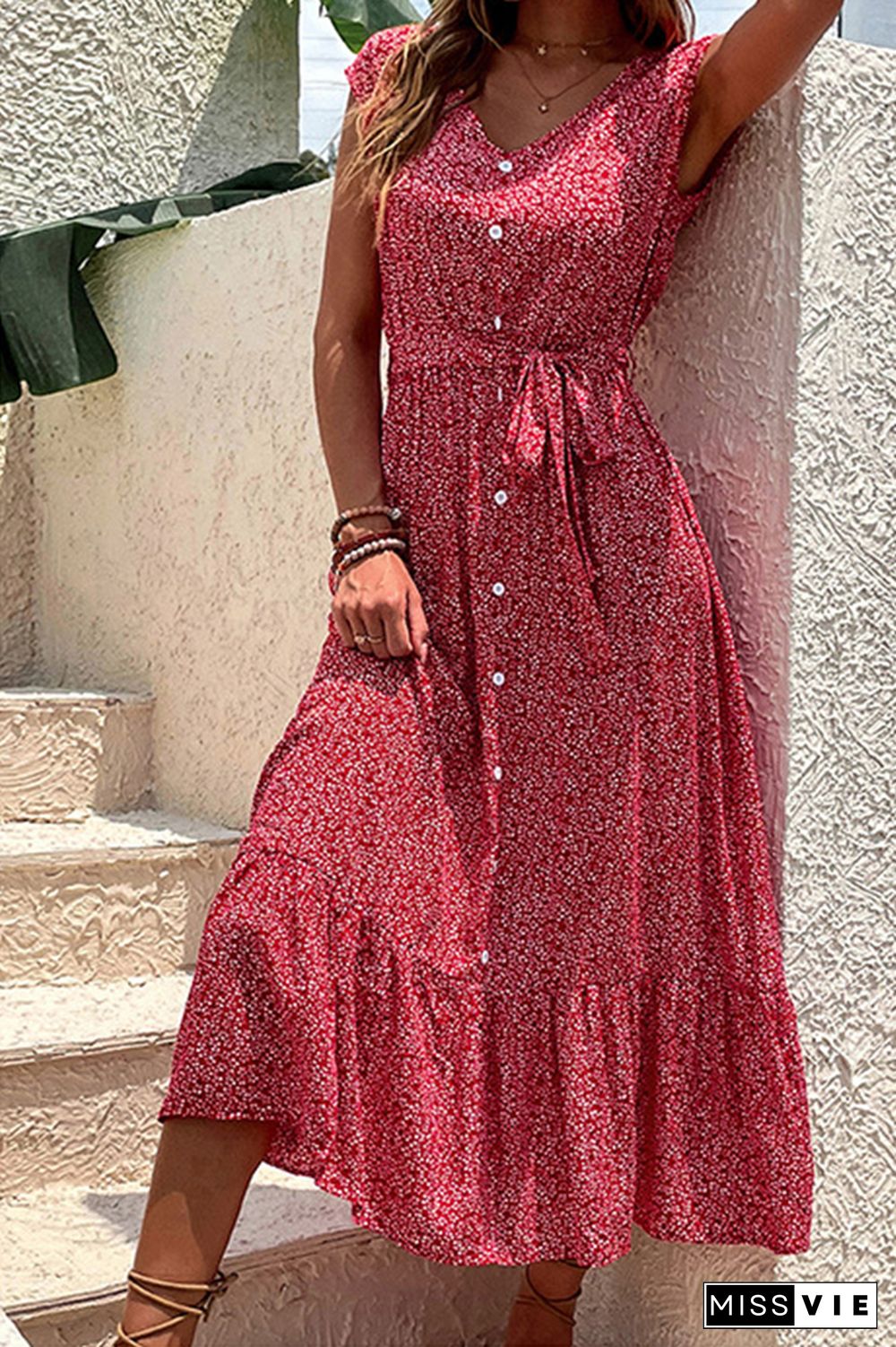 V Neck Button Down Floral Maxi Dress