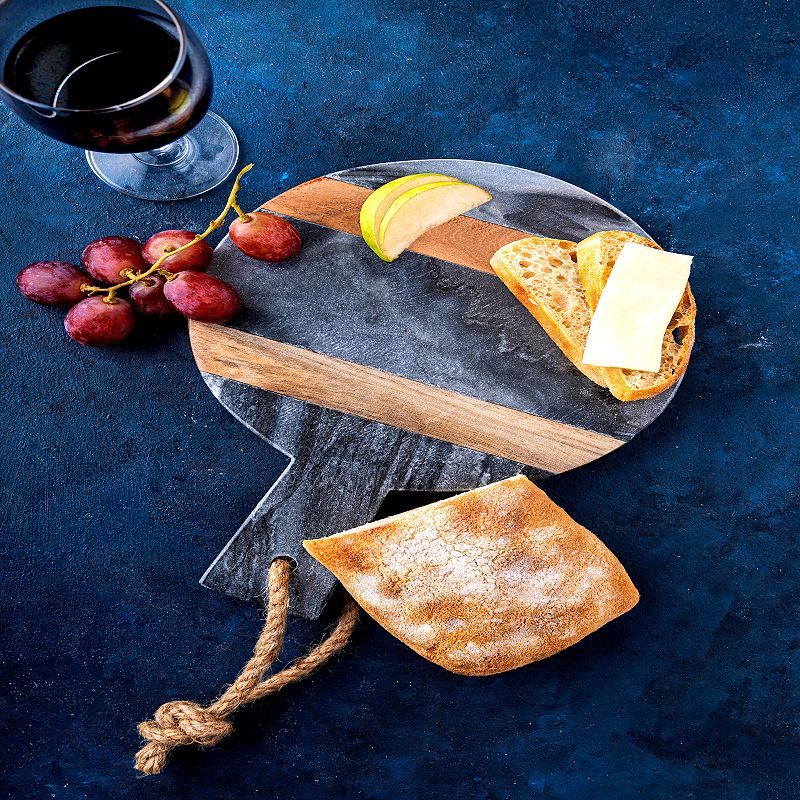 Black Marble and Wood Accent Charcuterie Board with Handle