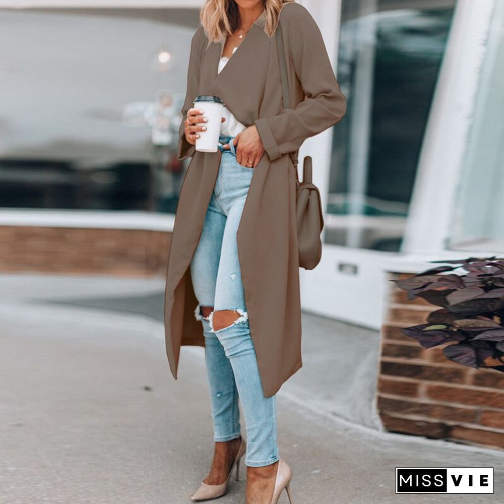 Elegant Lapel Loose Long Windbreaker Women Casual Solid Long Sleeve Cardigan Coat Autumn Spring Fashion Commute All-match Jacket