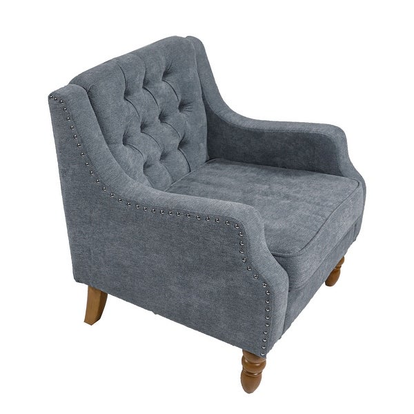 Button Tufted Upholstered Arm Accent Chair with Vintage Studs， Grey