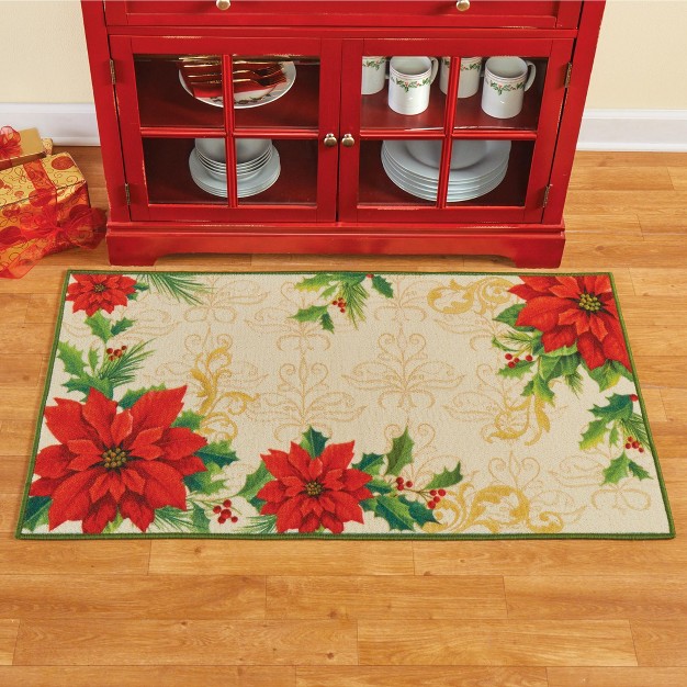 Collections Etc Festive Beautiful Poinsettia 4 foot Long Accent Rug