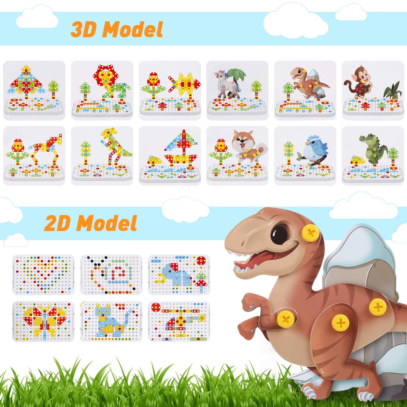 Moncolis 400Pcs STEM Kids Learning Building Toys 3D Electric Drill Toy Set Mosaic Puzzles Blocks Game Building Kit for Boys Girls Great Easter Party Game Set Birthday Gift for Kids 3 4 5 6 7 8 Ages