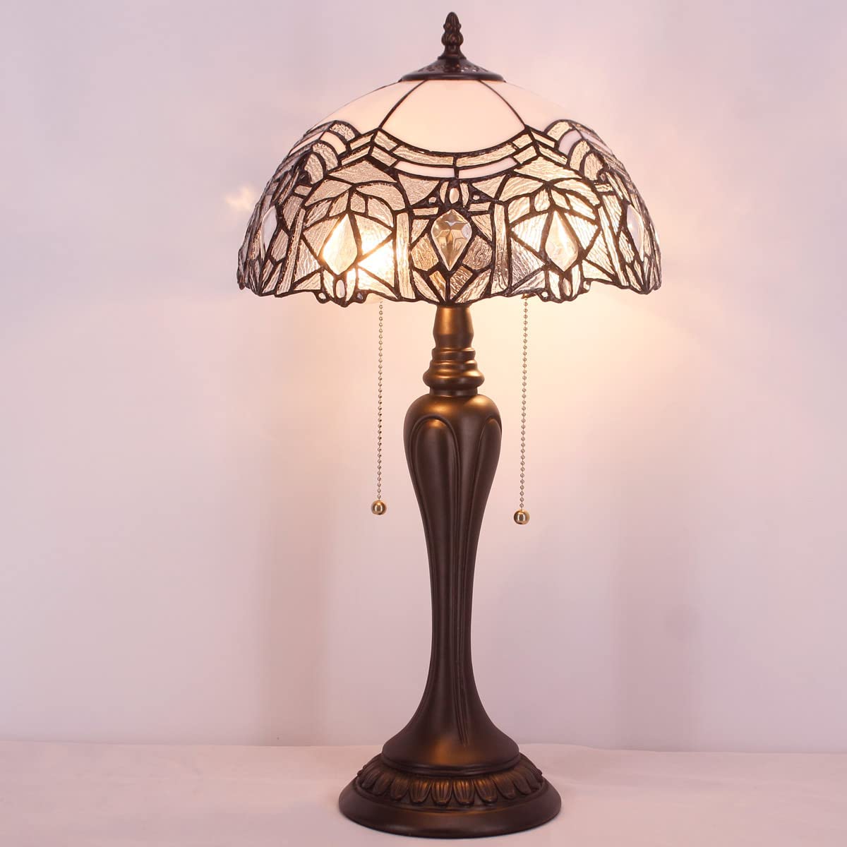 Tiffany Lamp White Bent Stained Glass Crystal Table Lamp Bedside Desk Reading Light 12X12X22 Inches Decor Bedroom Living Room Home Office S508W Series