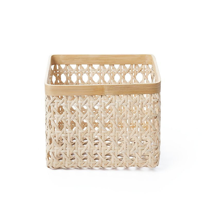 Saddle River Square Natural Open Weave Cane and Bamboo Rim Bin 2-piece Set