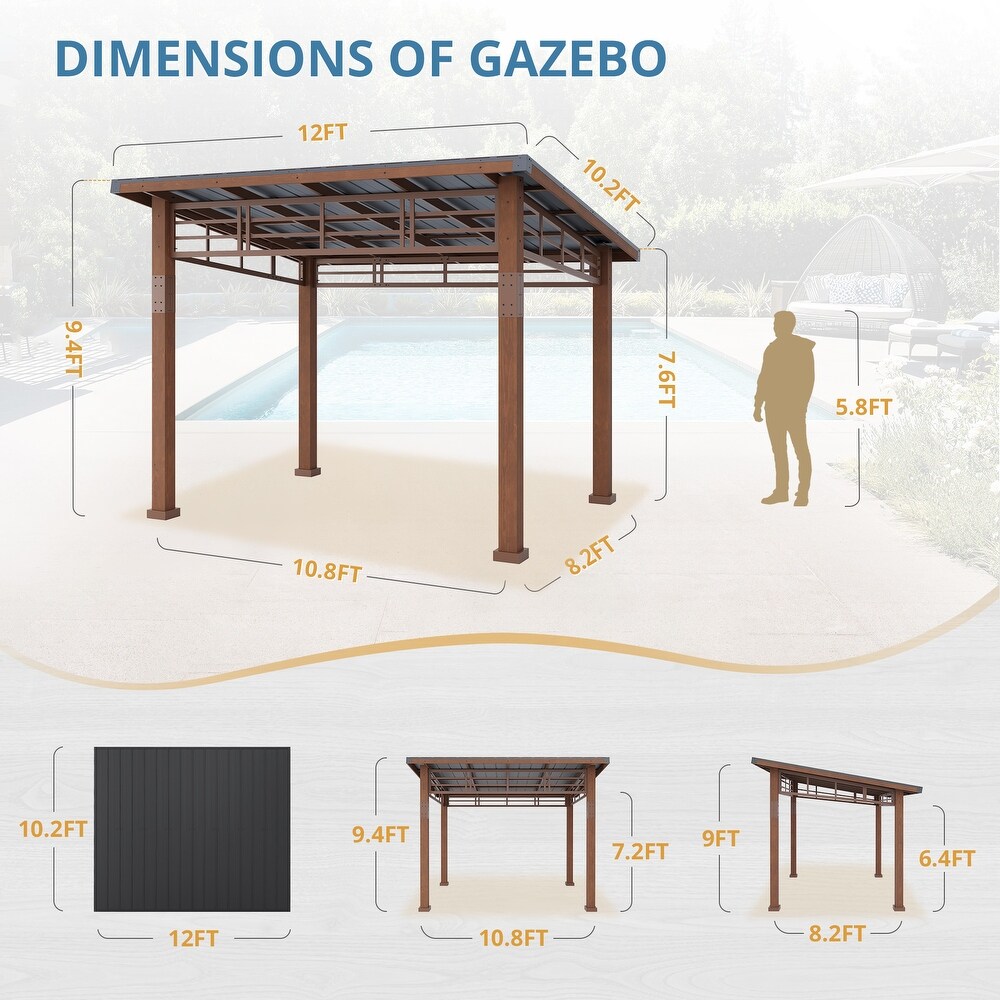 LUE BONA 10x12 Hardtop Gazebo Outdoor Pergola Metal Roof Gazebo with Wooden Frame Patio Gazebo Canopy with Curtain