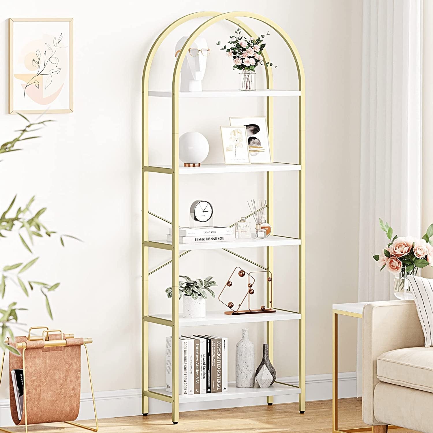 Bookshelf 5 Tier Bookcase Arched Display Racks Tall Standing Bookshelves Mental Frame Modern Storage Rack