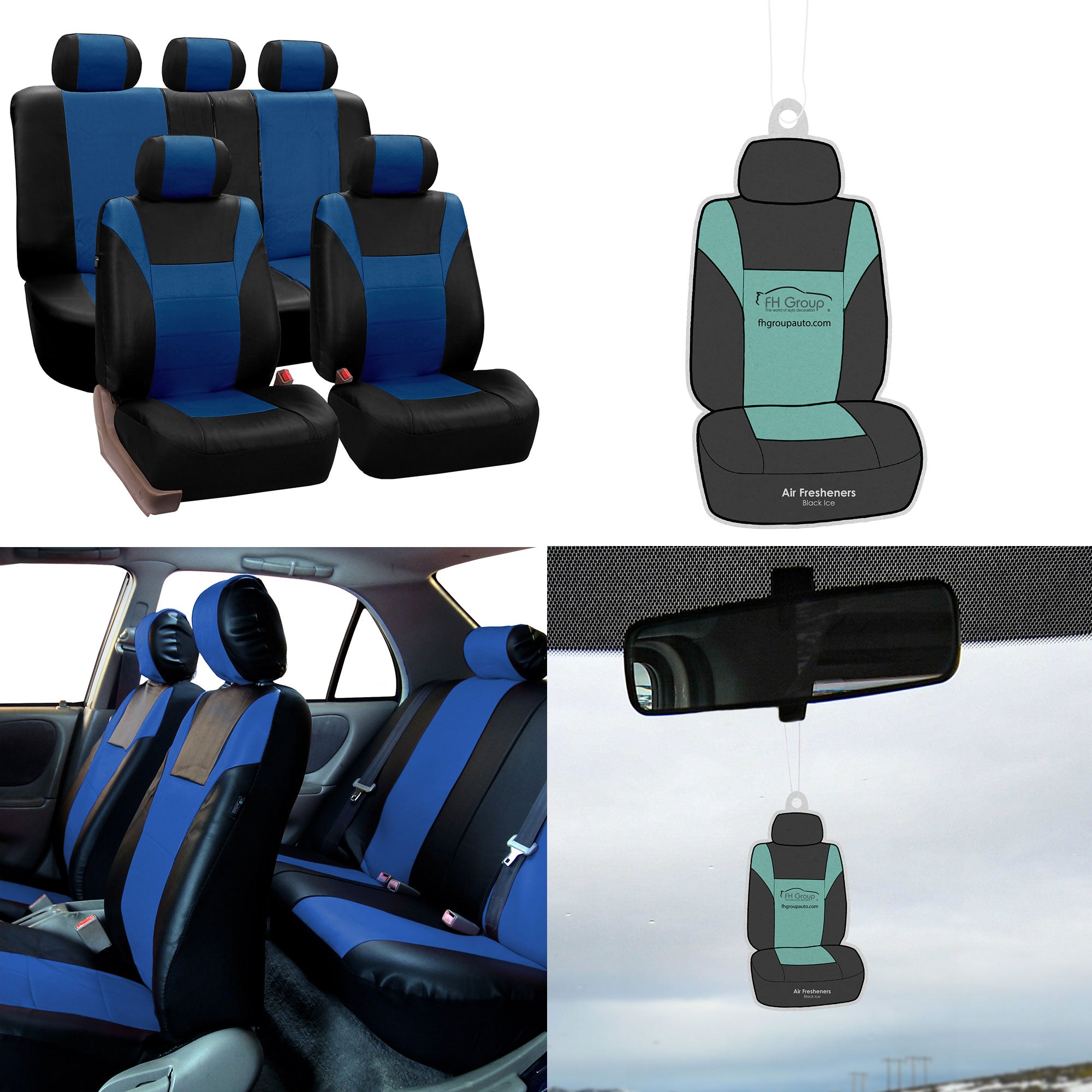 FH Group， Leather Seat Covers for Car Blue w/ Free Air Freshener， Airbag Compatible / Split Bench Covers