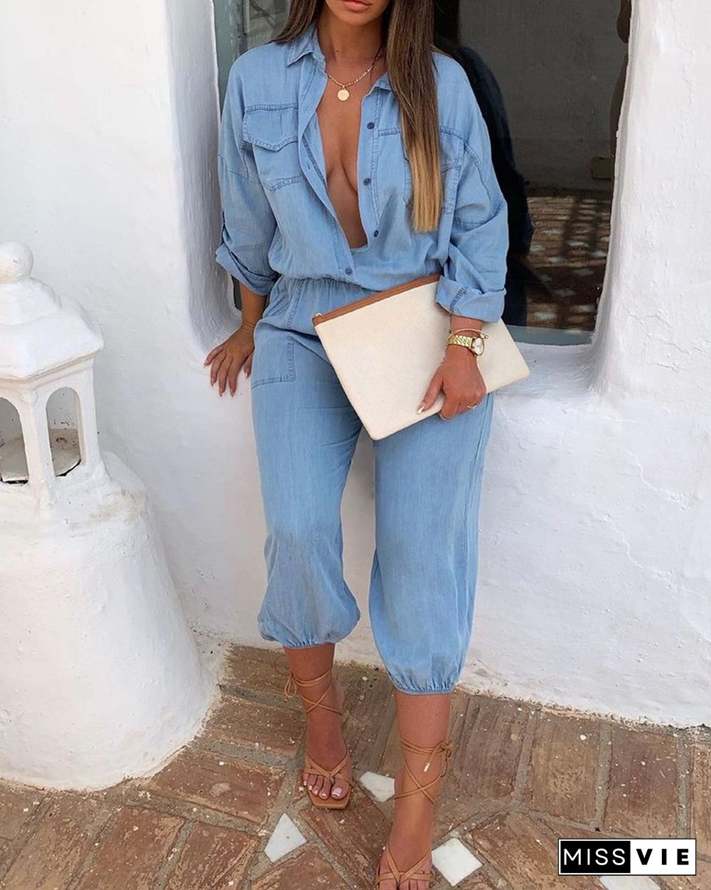 Pocket Button Design Long Sleeve Denim Jumpsuit