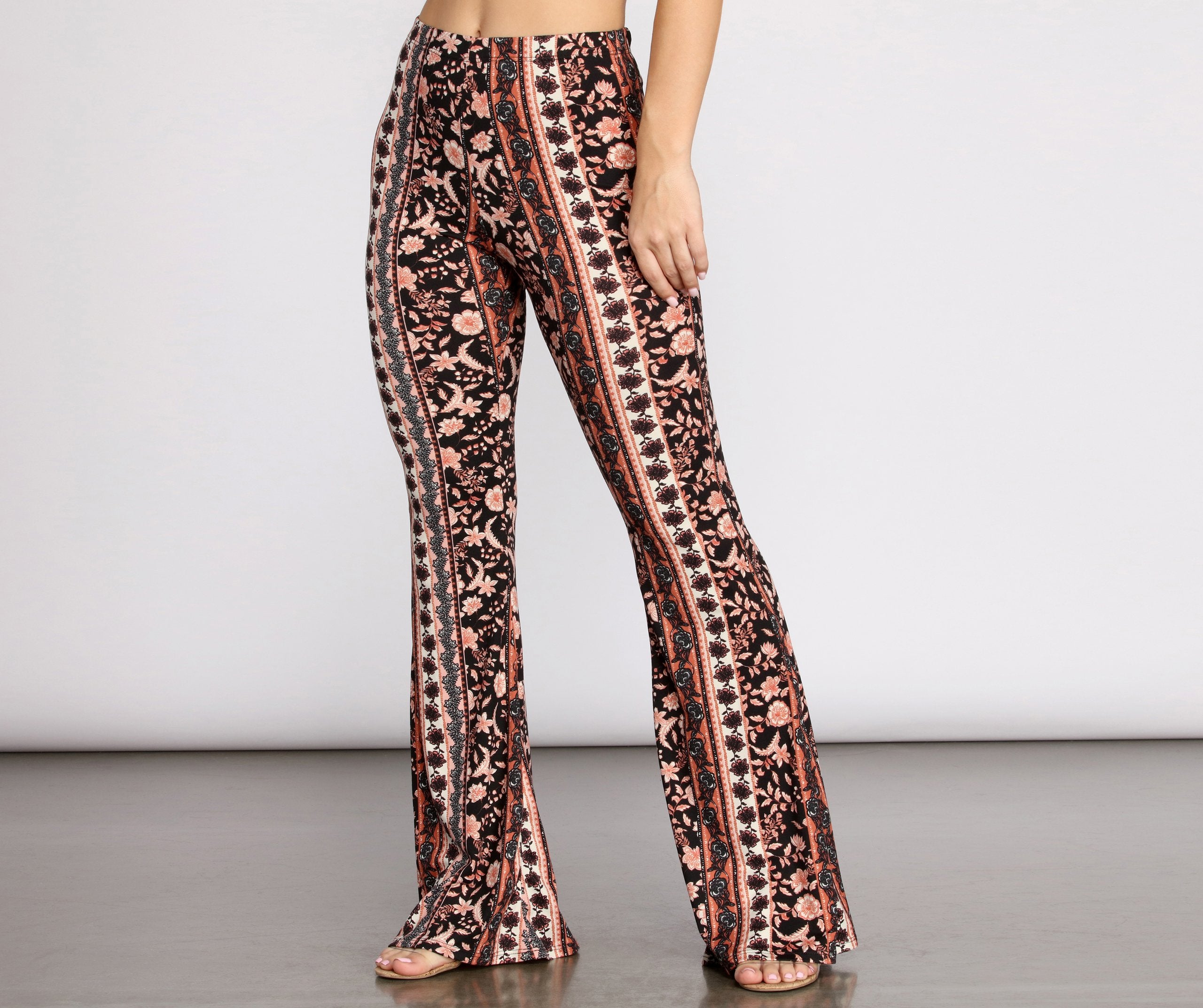 Boho Flair Floral Stripe Flare Pants