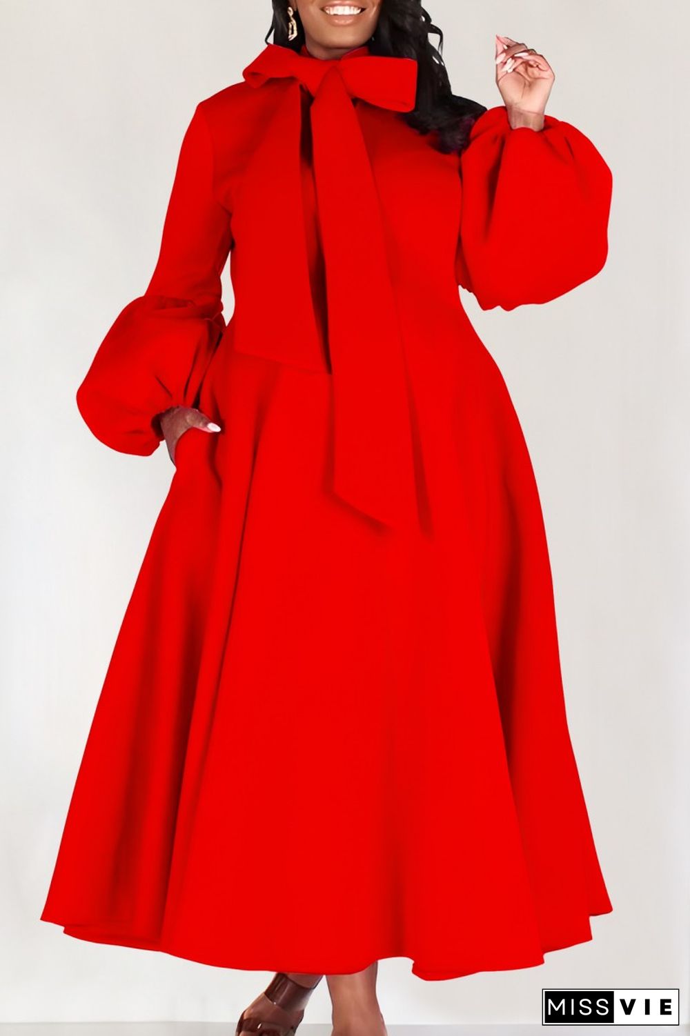 Red Casual Solid With Bow Half A Turtleneck Long Sleeve Dresses