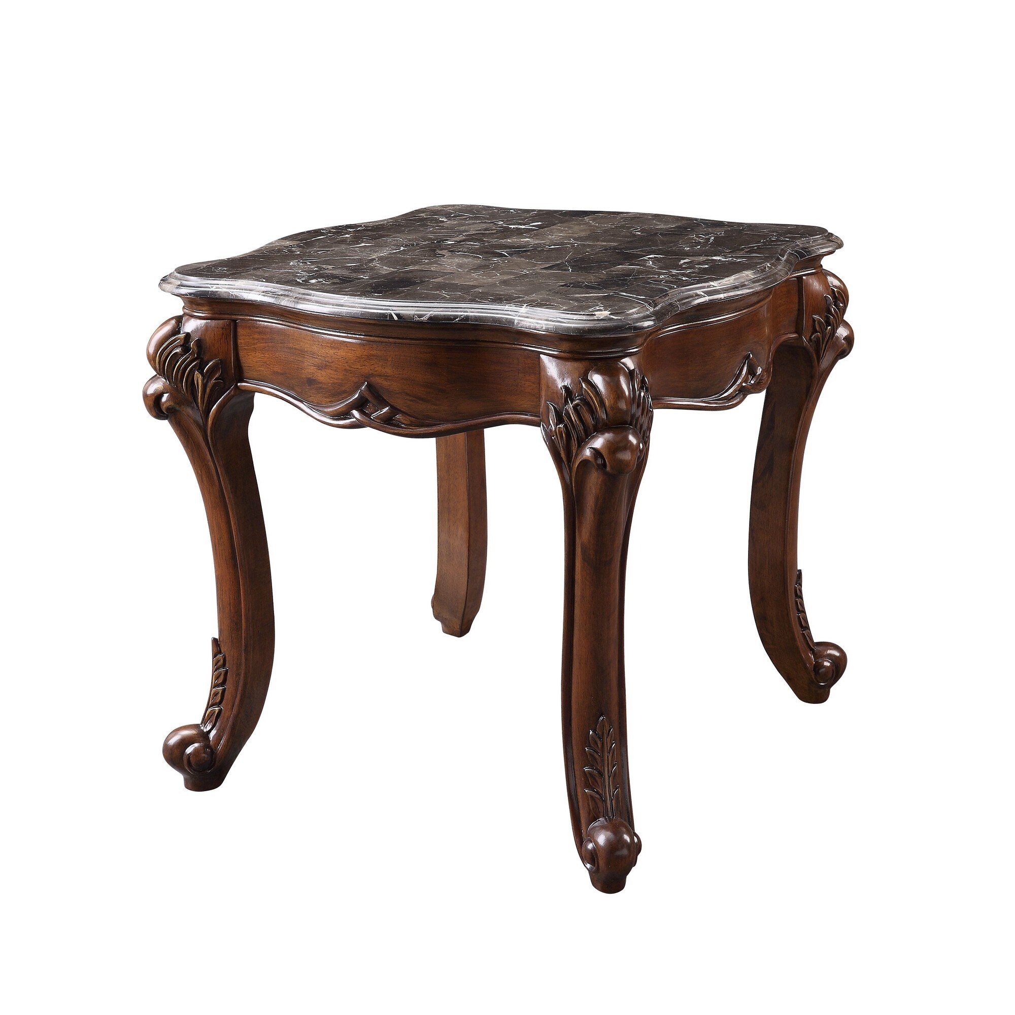 End Table with Marble Top and Carved Cabriole Legs， Brown