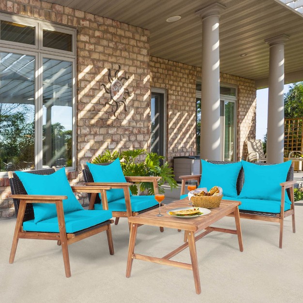 Tangkula 4pcs Patio Conversation Set Wood Frame Furniture Set W Turquoise amp Black Cushions