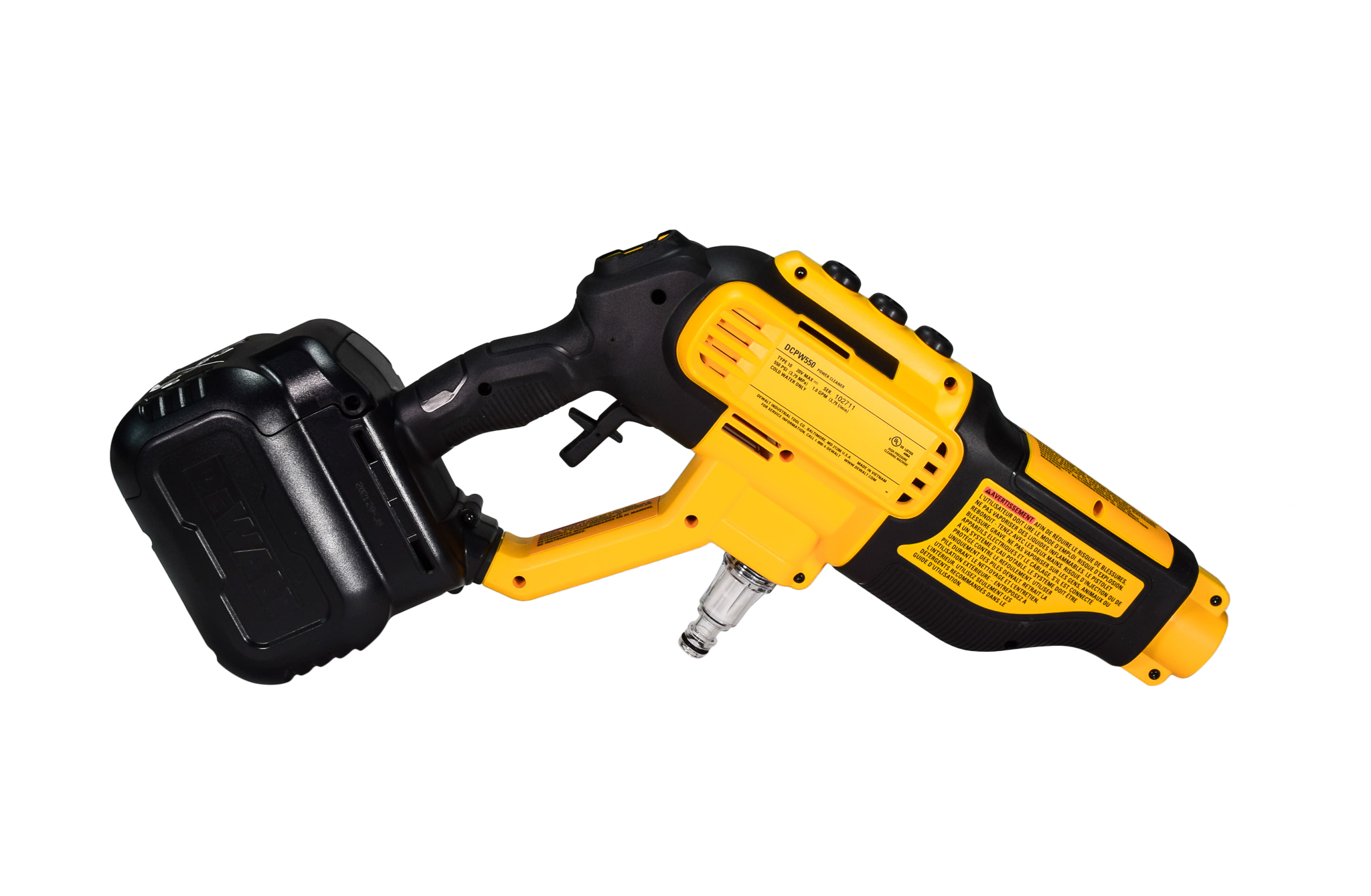 DW 20V 550 PSI， 1 GPM Cordless Power Cleaner w/ 4 Nozzles Tool-Only DCPW550B